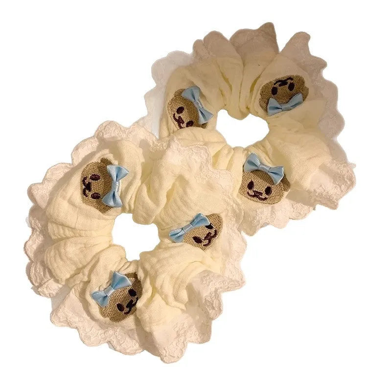 Bear blue bow cloth hair ring in large intestine style with elastic properties