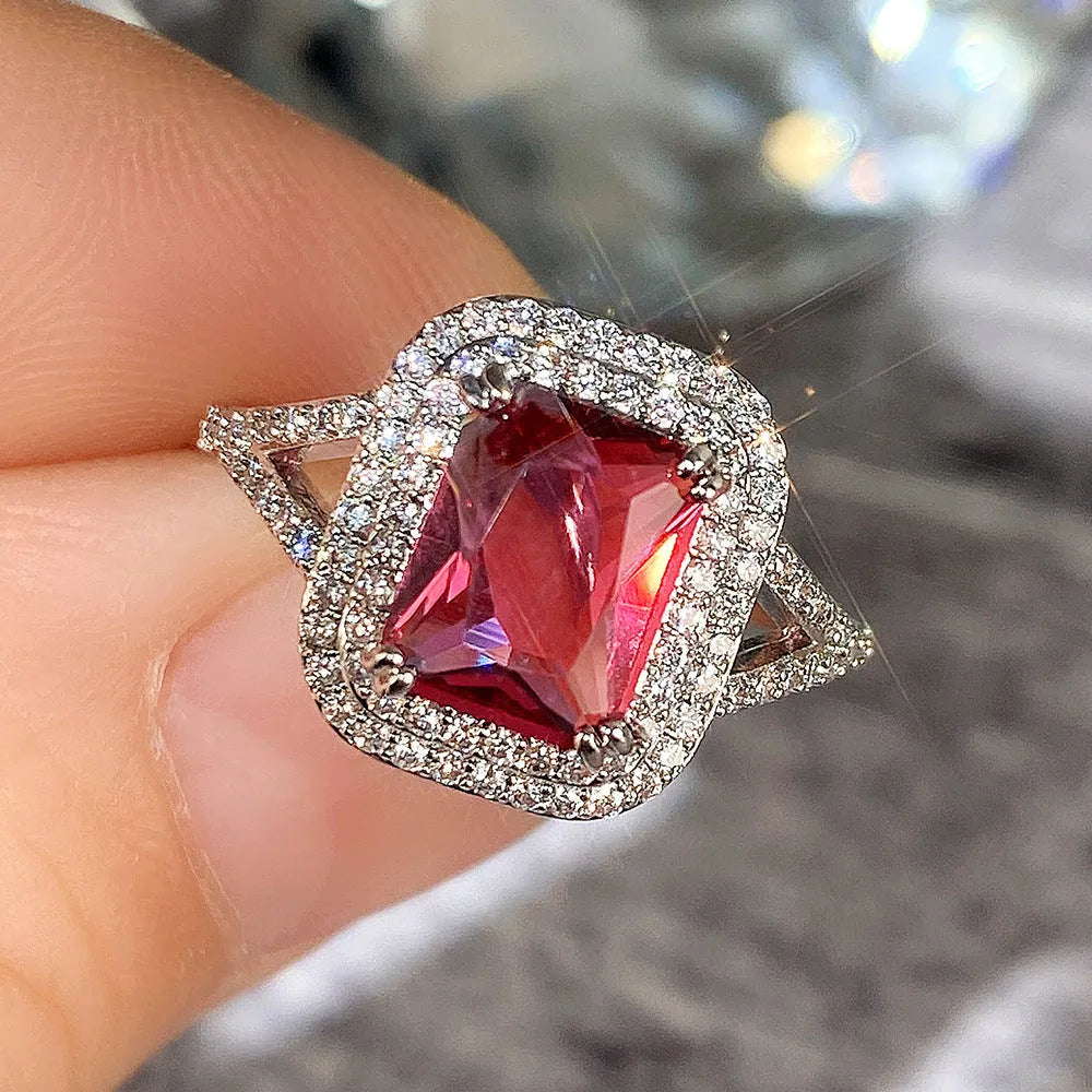 Copper square ring with red rhinestone centre stone, geometric women's jewellery