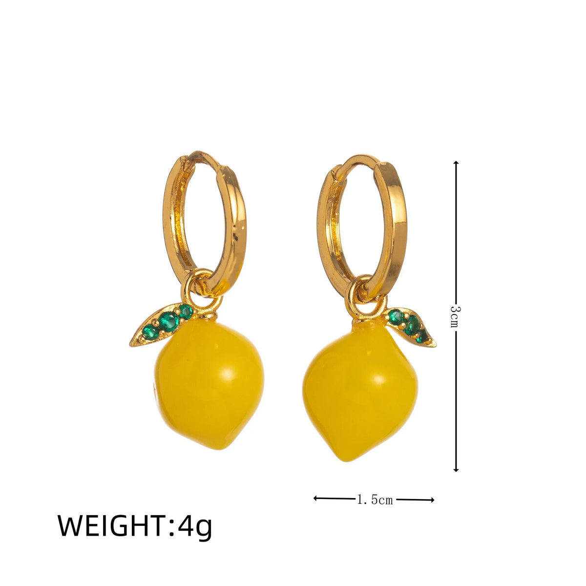 Gold plated copper earrings with fruit and vegetable designs including carrot, orange and lemon
