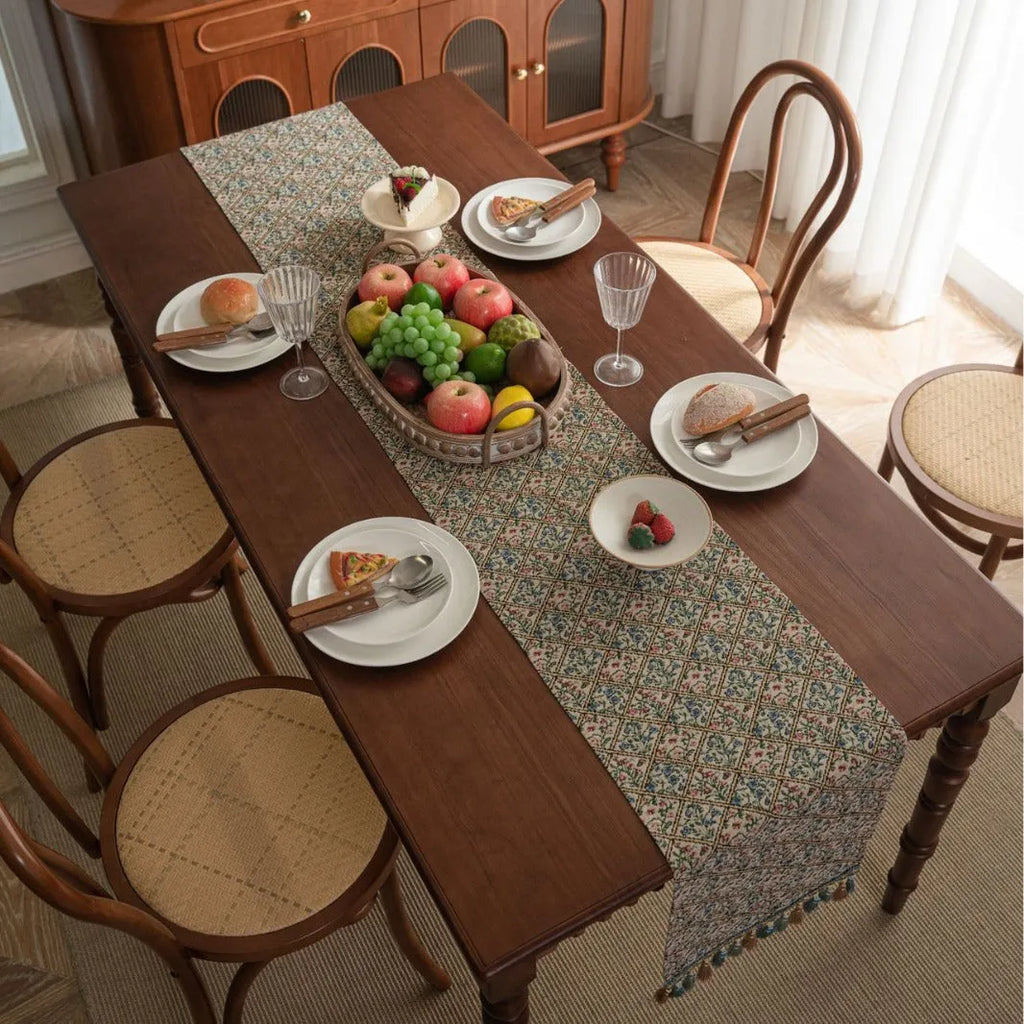 Nordic striped jacquard table runner with tassel trim in dark blue colour.