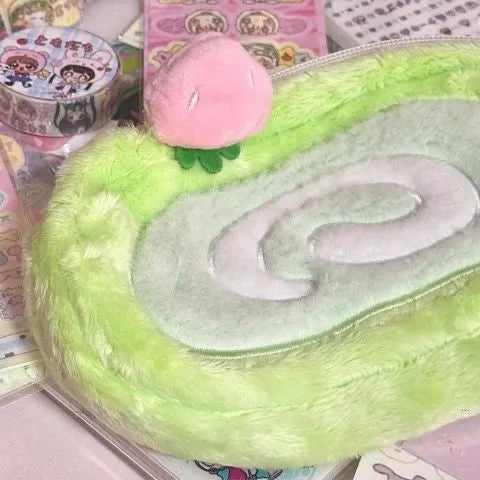 Honeydew Swiss roll cake design velvet pencil case with Korean style aesthetic