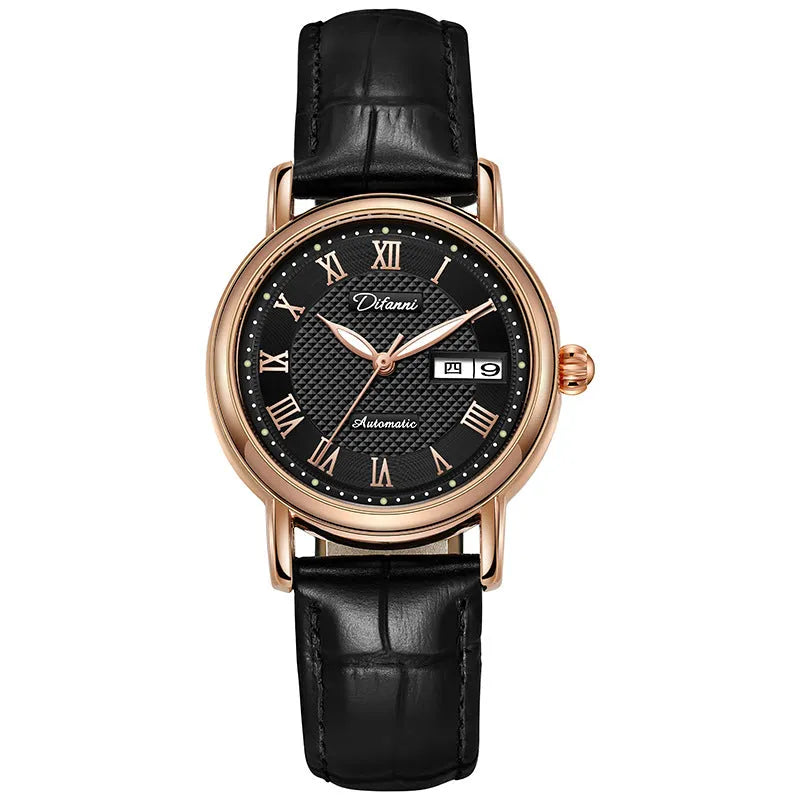 Women's automatic mechanical watch with stainless steel case on a choice of steel or leather strap.