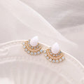 Women's silver geometric fan-shaped earrings with rhinestone and opal decorative details