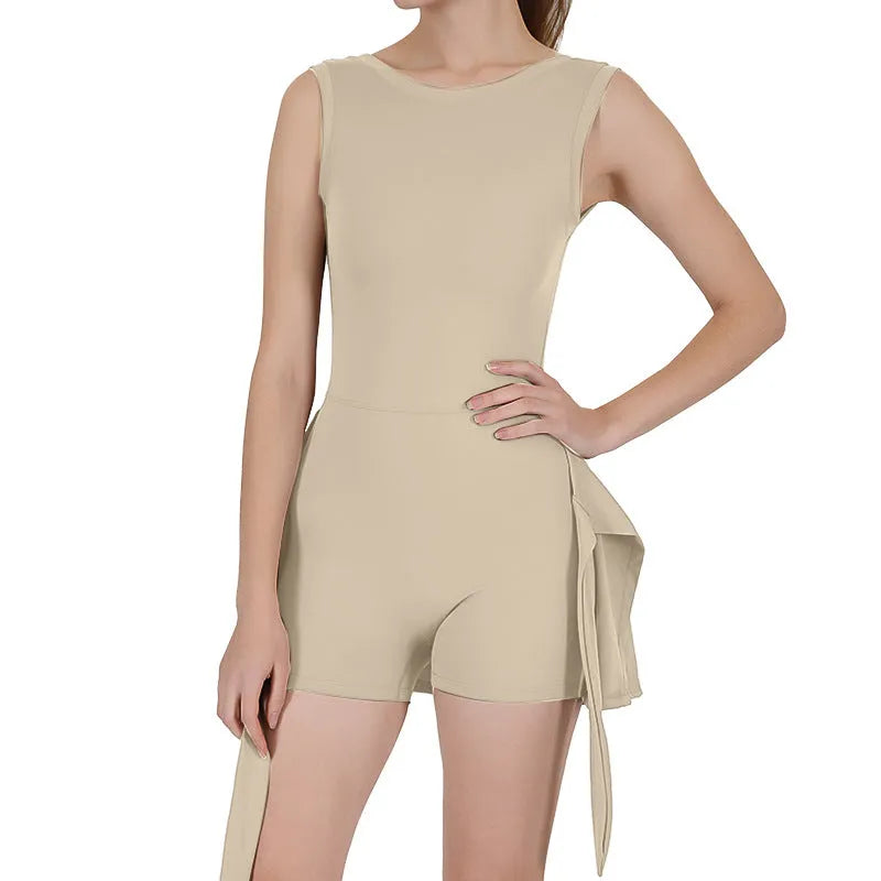 Brown women's tennis skirt with back shaping panels, shown on a hanger.