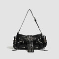 Black retro dumpling-shaped handbag with oil wax leather finish and three-dimensional pocket design