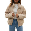 Women's apricot corduroy zip-up jacket with stand collar and street fashion styling