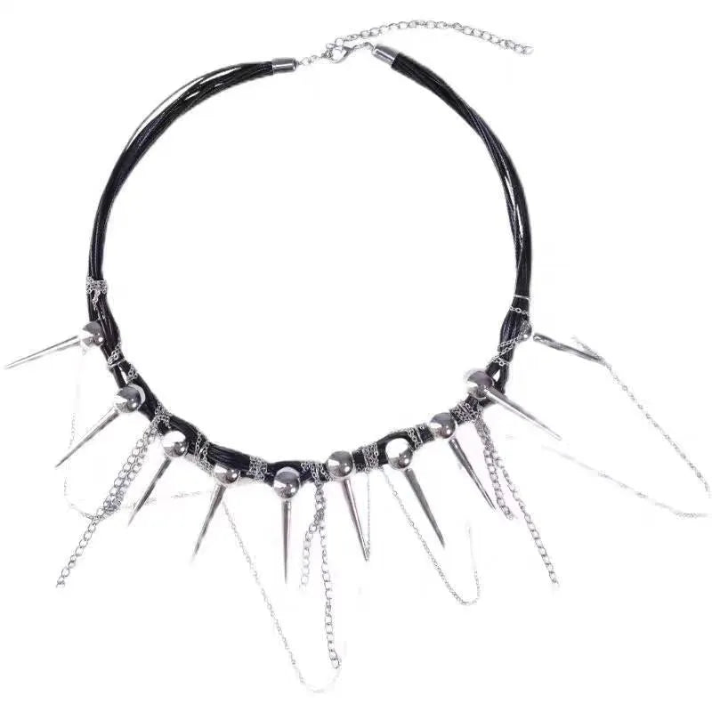 Leather necklace with round beads and winding tassel design featuring point rivet details