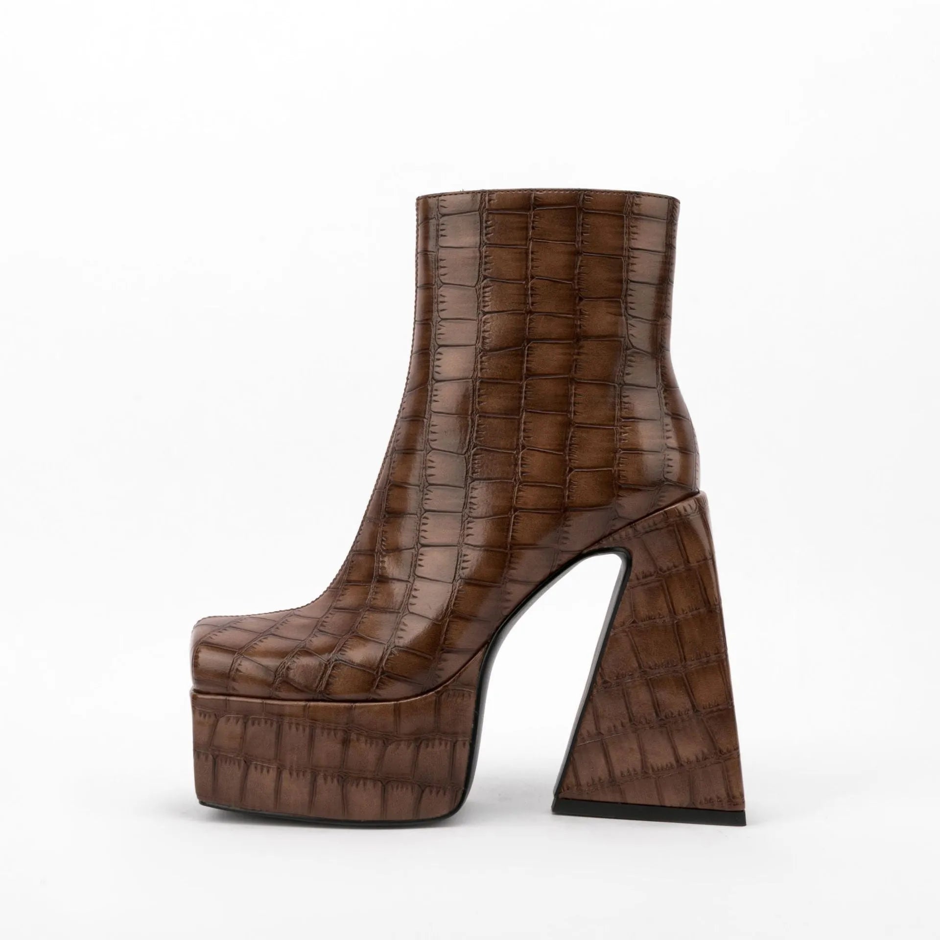 Women's solid-colour ankle boots with a super high heel, shown in beige, made from artificial PU material.