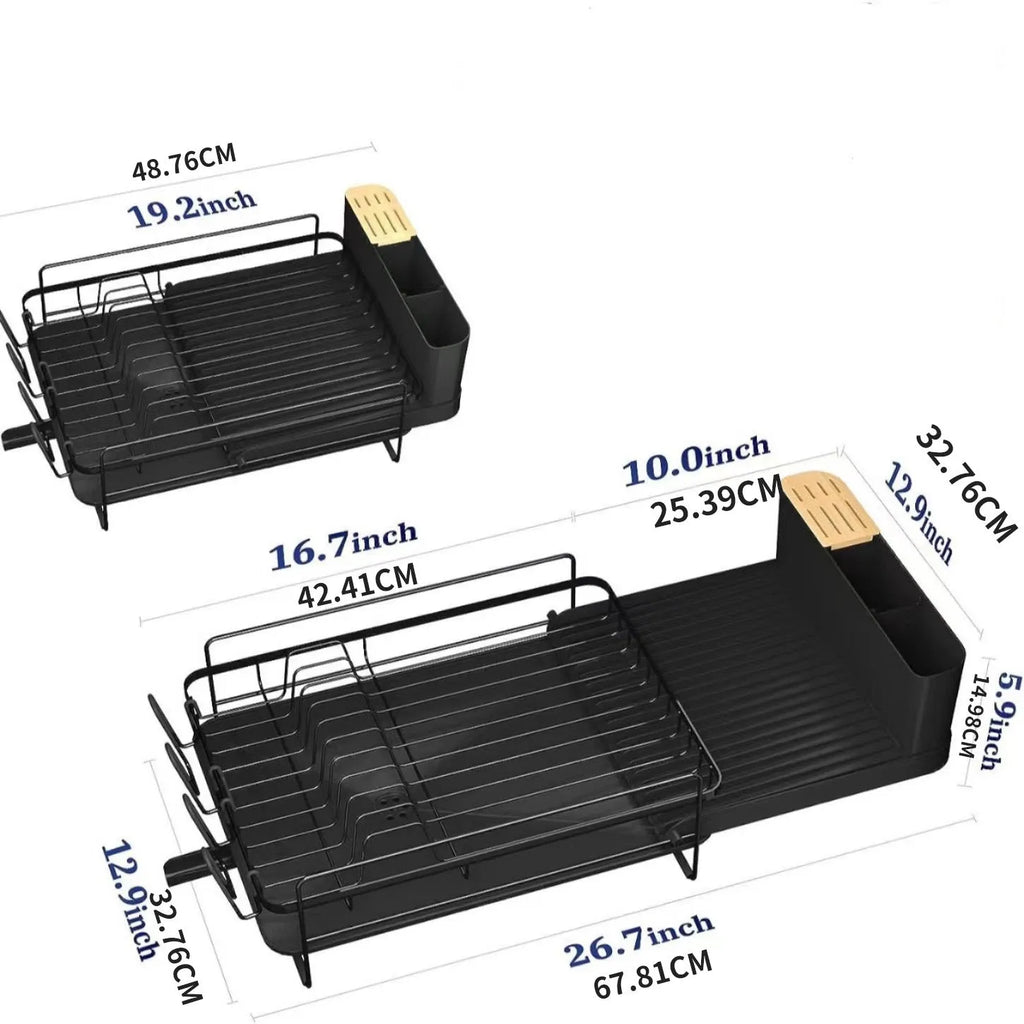 Foldable carbon steel kitchen drain rack for cutlery, knives, forks, spoons, and cups on a worktop.