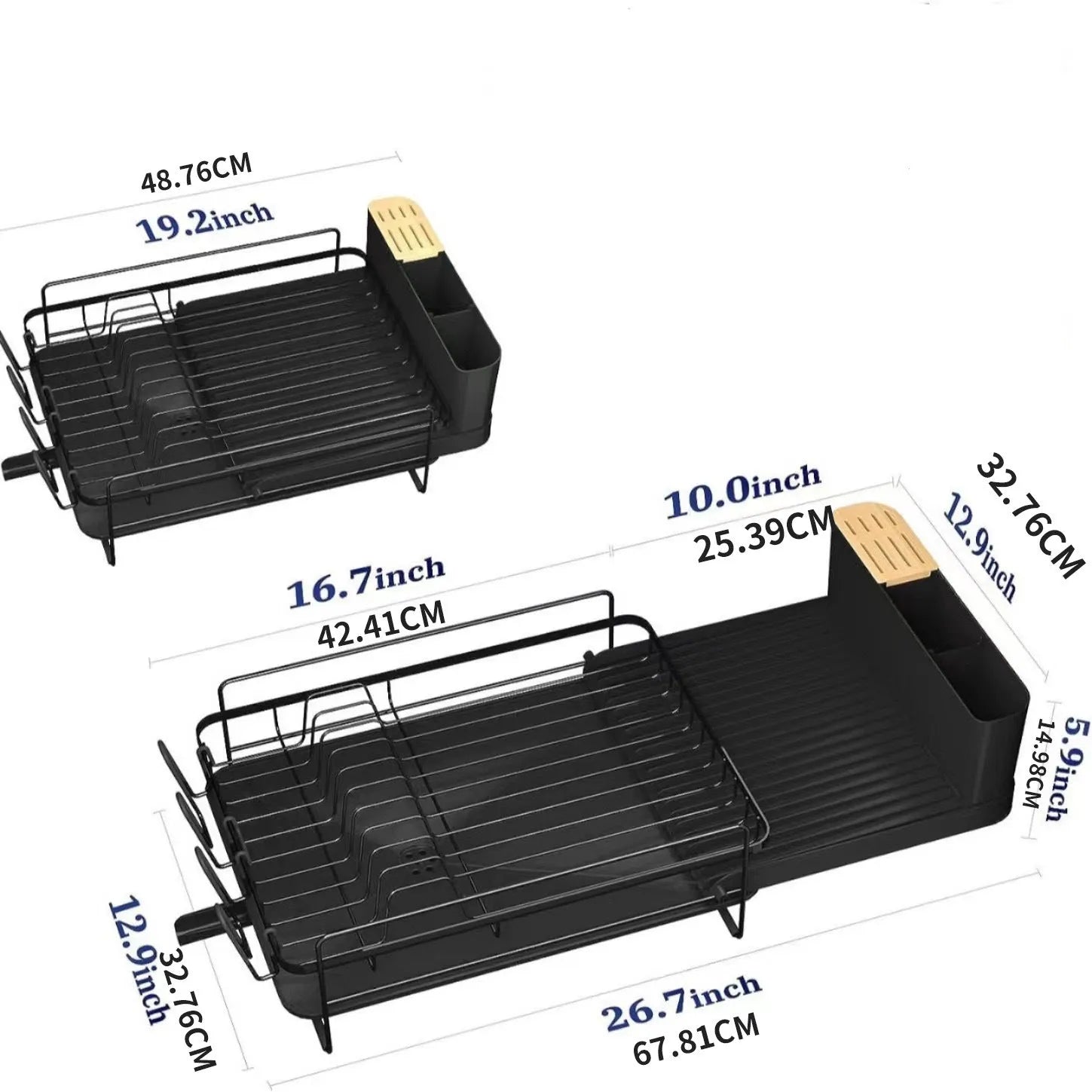 Foldable carbon steel kitchen drain rack for cutlery, knives, forks, spoons, and cups on a worktop.