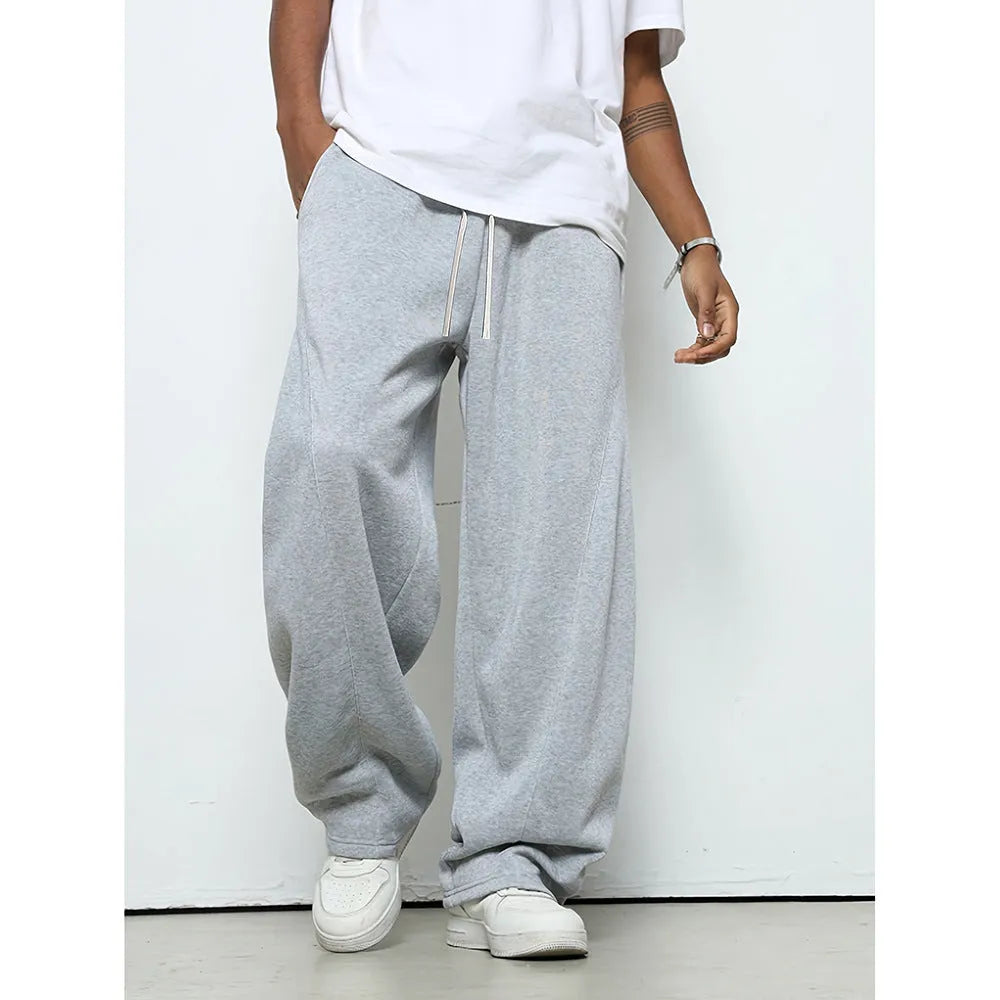 Men's straight-leg casual trousers in grey with a drawstring waistband