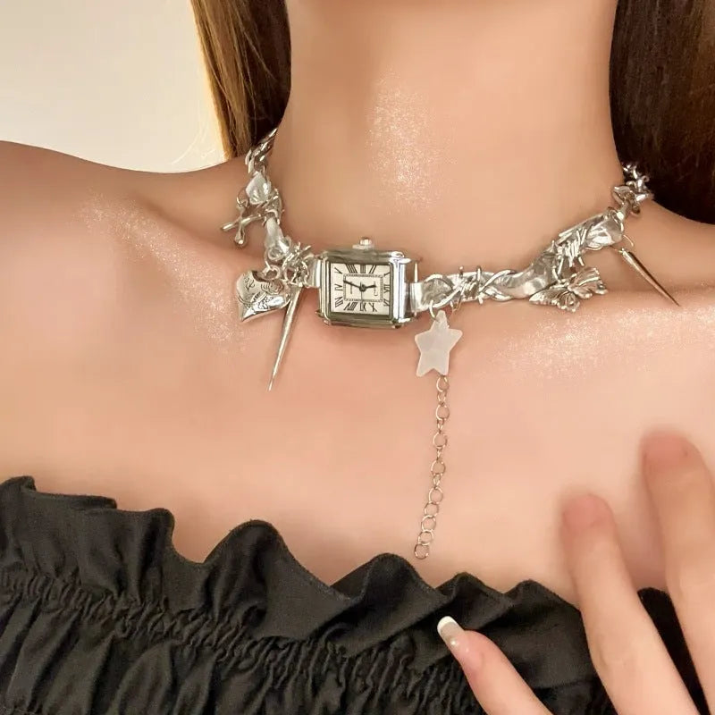 Dark style multi-layer cross necklace with twin clavicle chains and hemp flowers elements