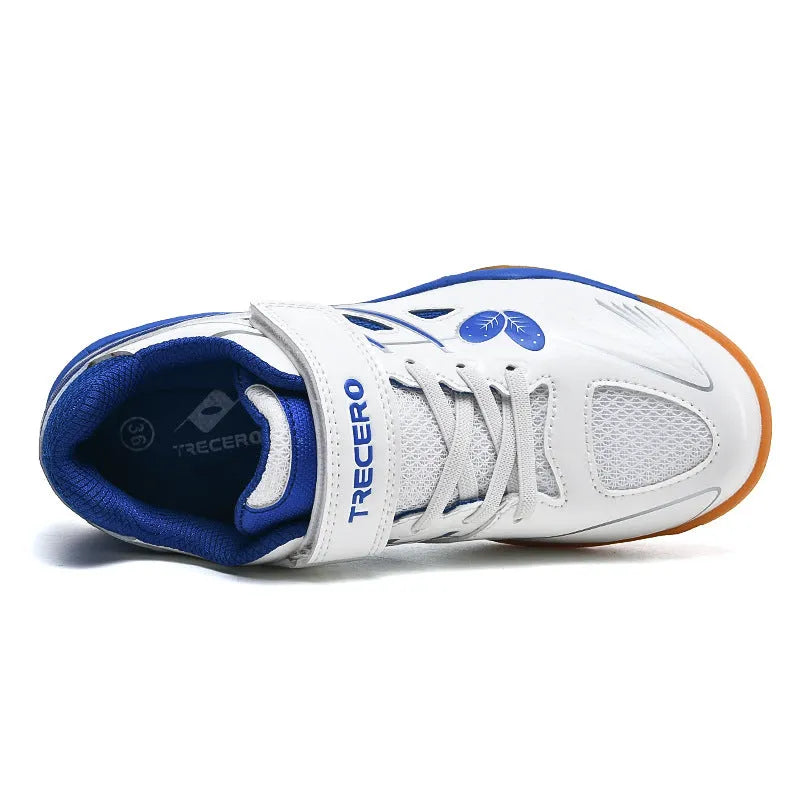 White and blue casual badminton shoes with ribbed sole and breathable PVC upper.