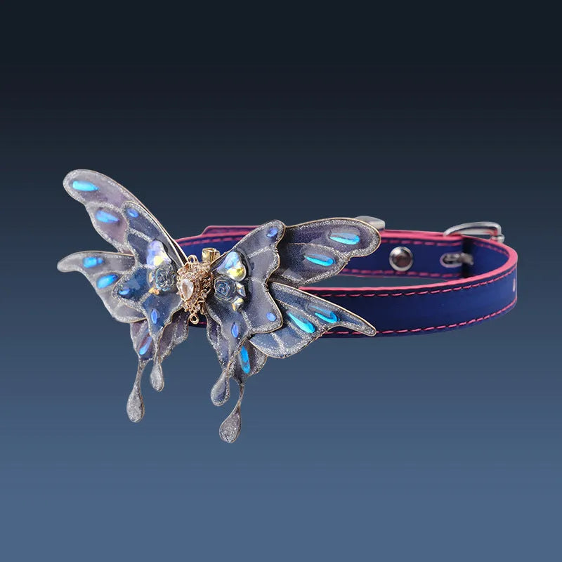 Purple butterfly rhinestone collar with temperature change design and alloy pendant on regular chain