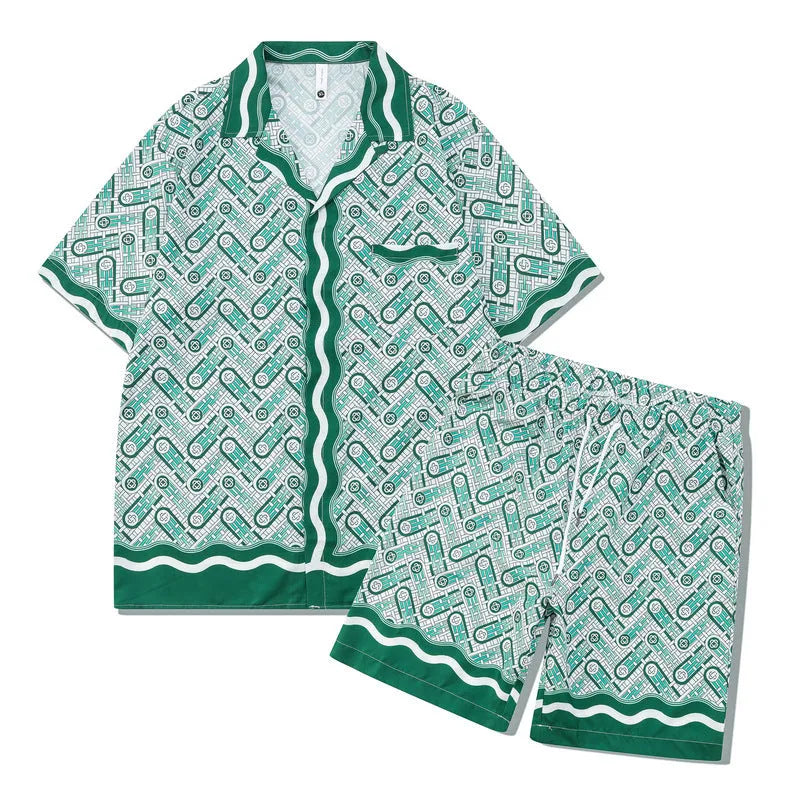 Beach outfit set with plaid printed shirt and matching trousers for teenagers in polyester fabric