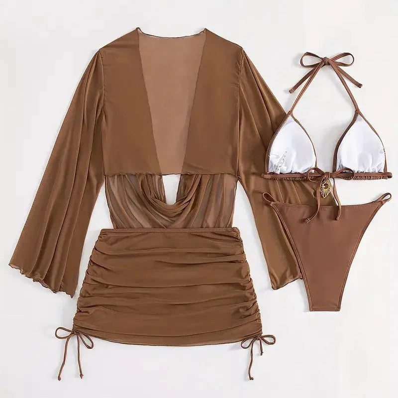 Women's dark brown lace-up backless bikini swimsuit set with spandex lining for swimming
