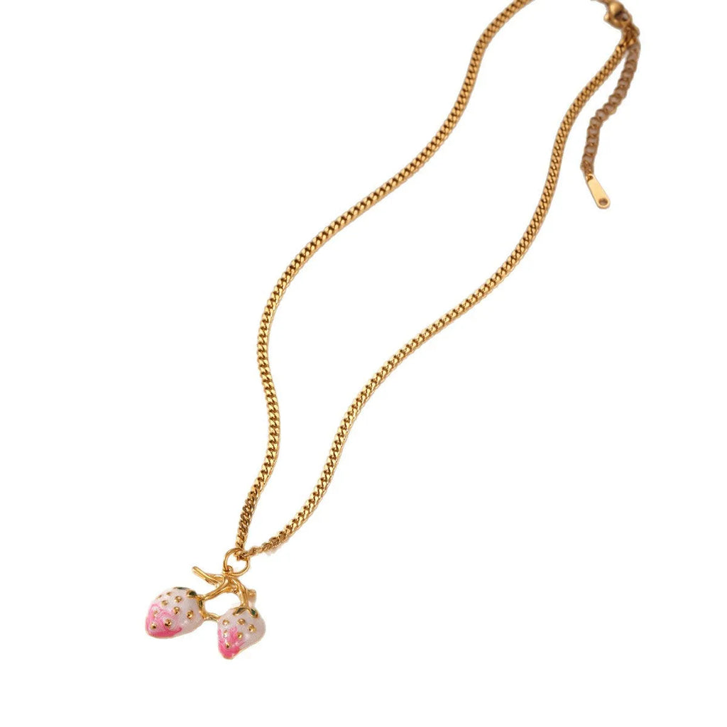 Women's stainless steel strawberry fruit pendant necklace in red and white gradient colours