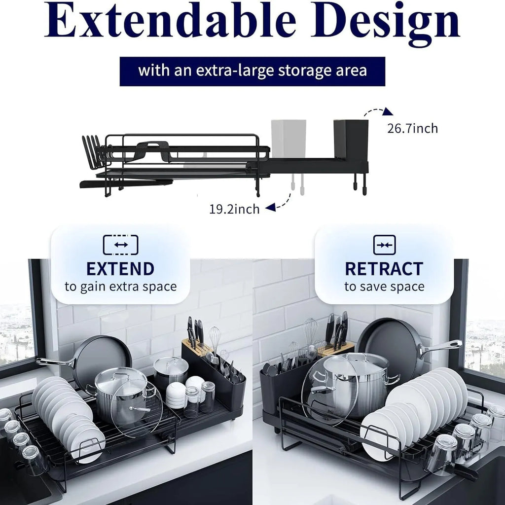 Foldable carbon steel kitchen drain rack for cutlery, knives, forks, spoons, and cups on a worktop.