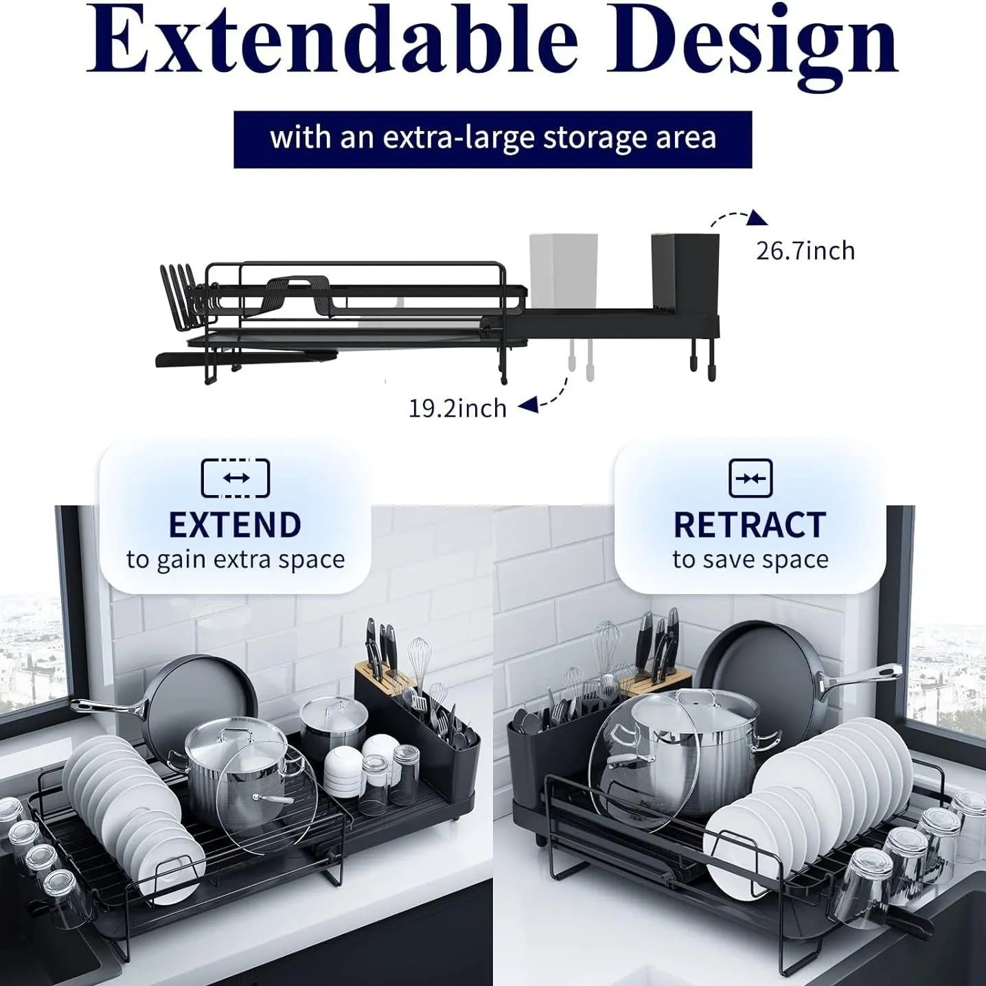 Foldable carbon steel kitchen drain rack for cutlery, knives, forks, spoons, and cups on a worktop.