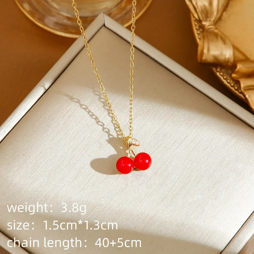 Women's titanium steel necklace with delicate indie cherry pendant on O-ring chain