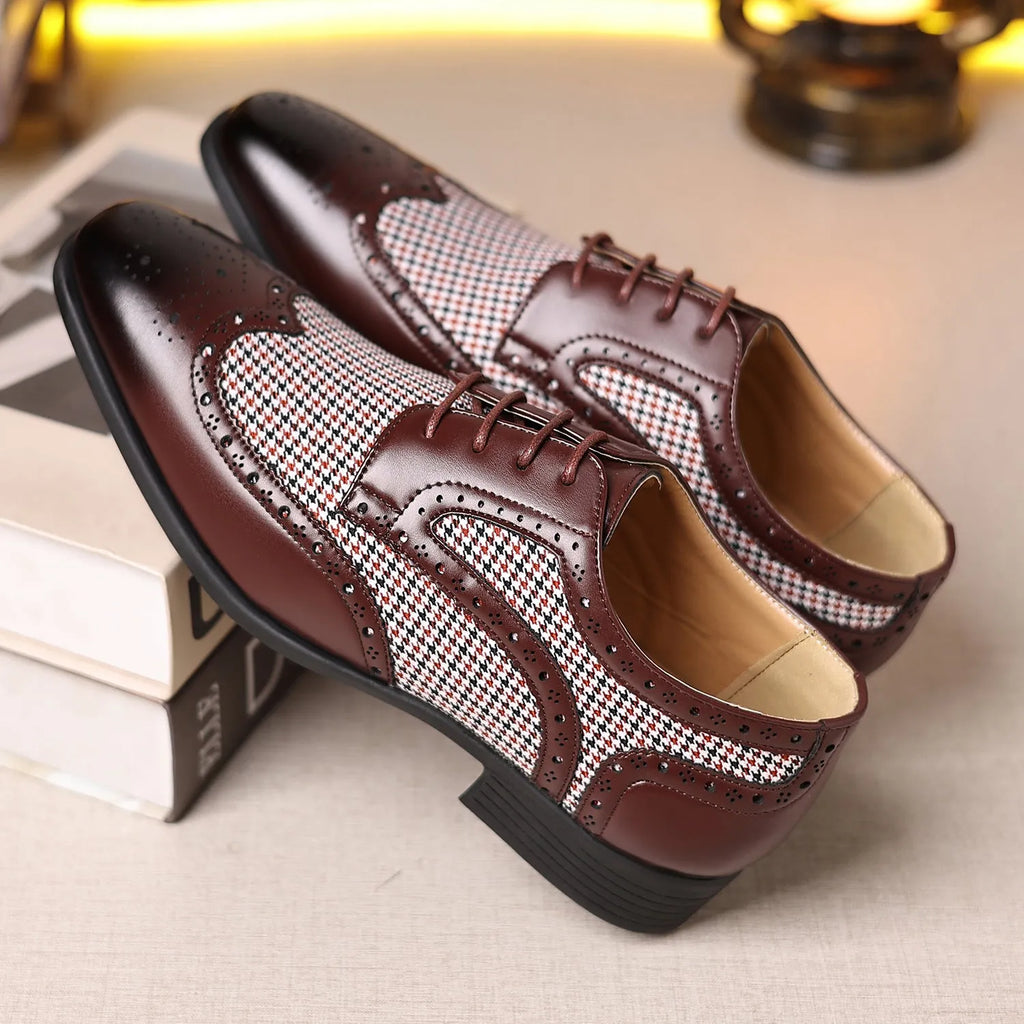 Men's casual leather shoes with black and white houndstooth pattern, square toe, and lace-up front.