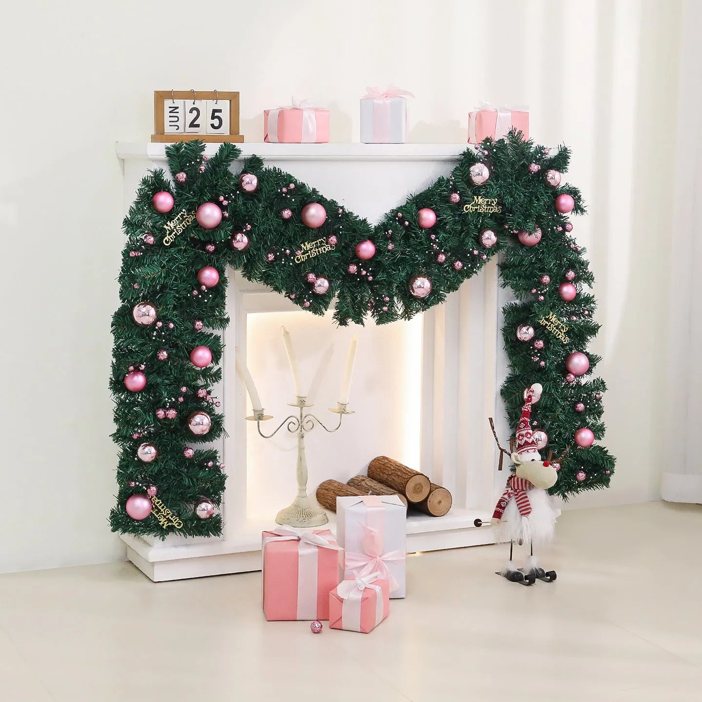 2.7 metre pink Christmas rattan garland decoration with small fruit details and optional lighting
