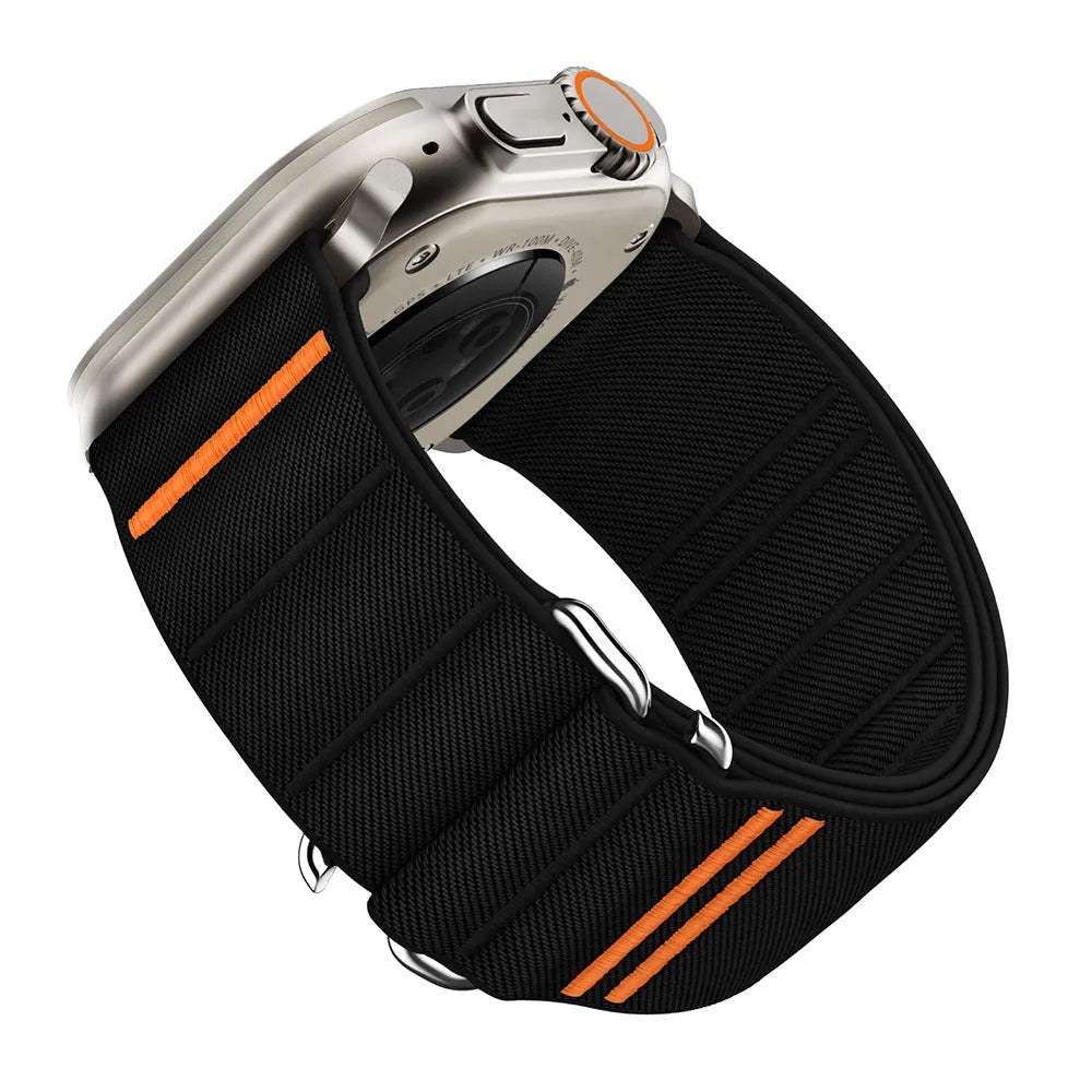 Elastic nylon Apple Watch band with stainless steel buckle shown in multiple colour options