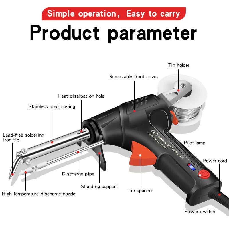 Black H5 style soldering gun with light, part of 5-piece alloy soldering tool kit