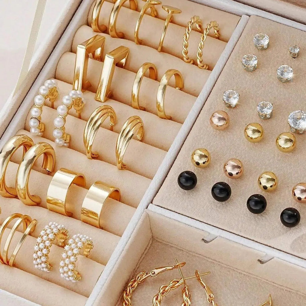108-piece set of geometric pearl earrings with gold and yellow electroplated finishes without box packaging