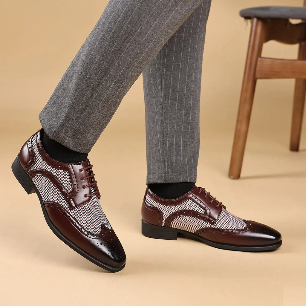 Men's casual leather shoes with black and white houndstooth pattern, square toe, and lace-up front.