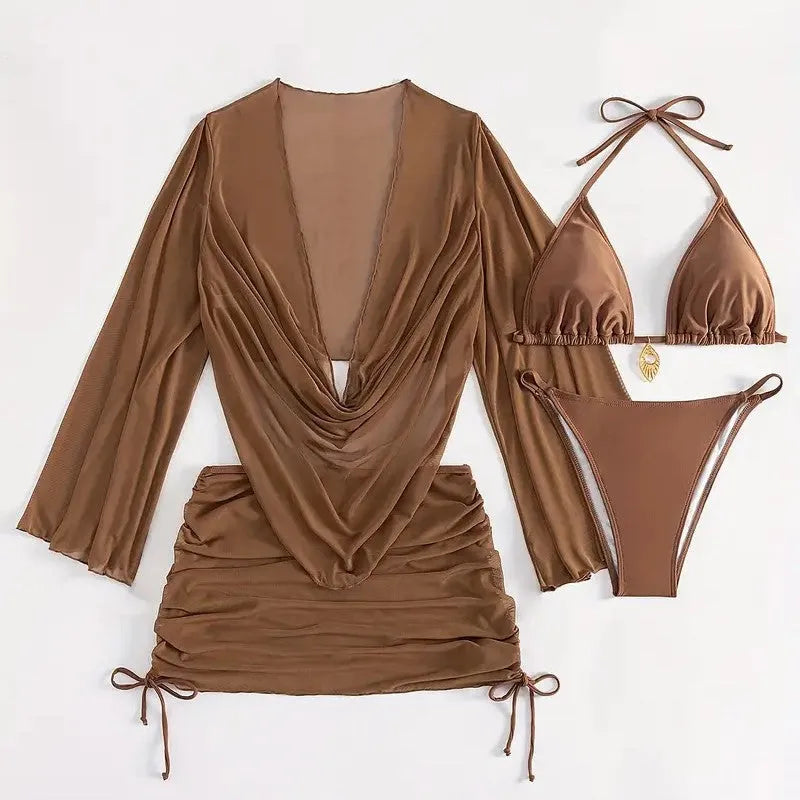 Women's dark brown lace-up backless bikini swimsuit set with spandex lining for swimming