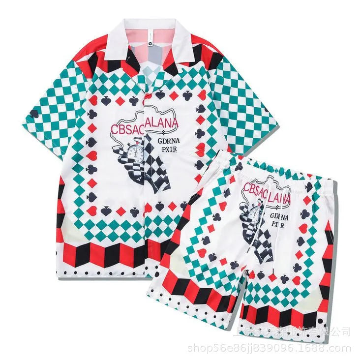 Beach outfit set with plaid printed shirt and matching trousers for teenagers in polyester fabric