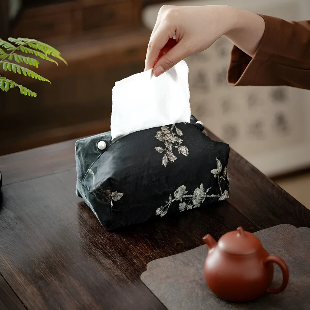 New Chinese style brocade fabric tissue box cover with embroidered white plum pattern
