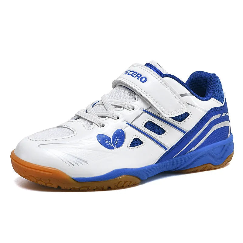 White and blue casual badminton shoes with ribbed sole and breathable PVC upper.