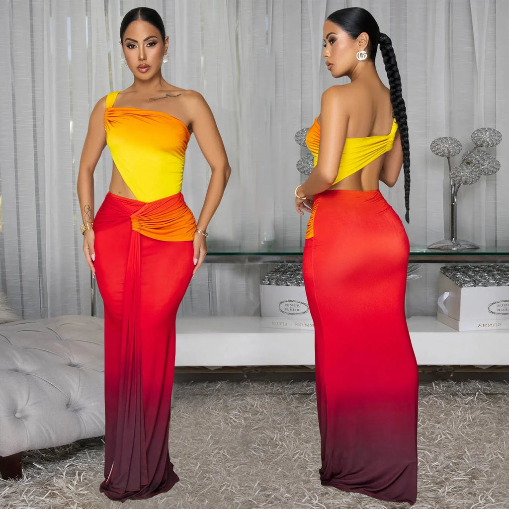 Women's gradient colour cross-shoulder summer dress with high waist and long skirt