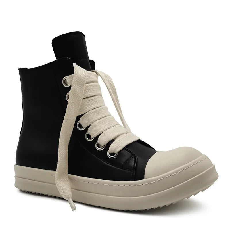 Black genuine leather high-top sneakers with a side zipper and round toe on a rubber platform sole.