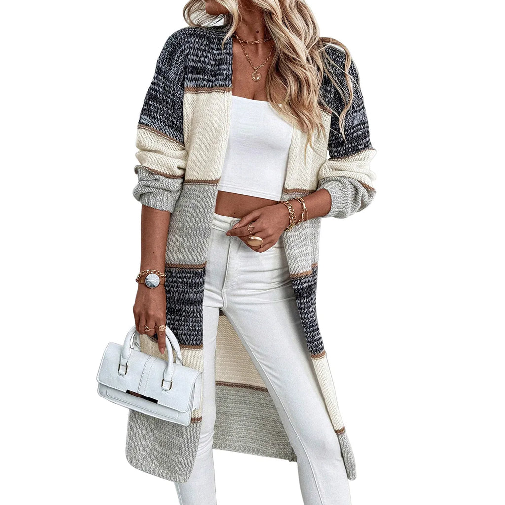 Grey stripe knitted cardigan with long sleeves in loose European street fashion style