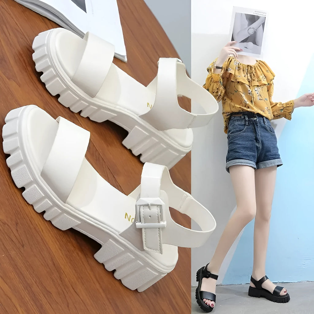 Beige women's peep toe platform sandals with ankle-strap buckle on a neutral background.