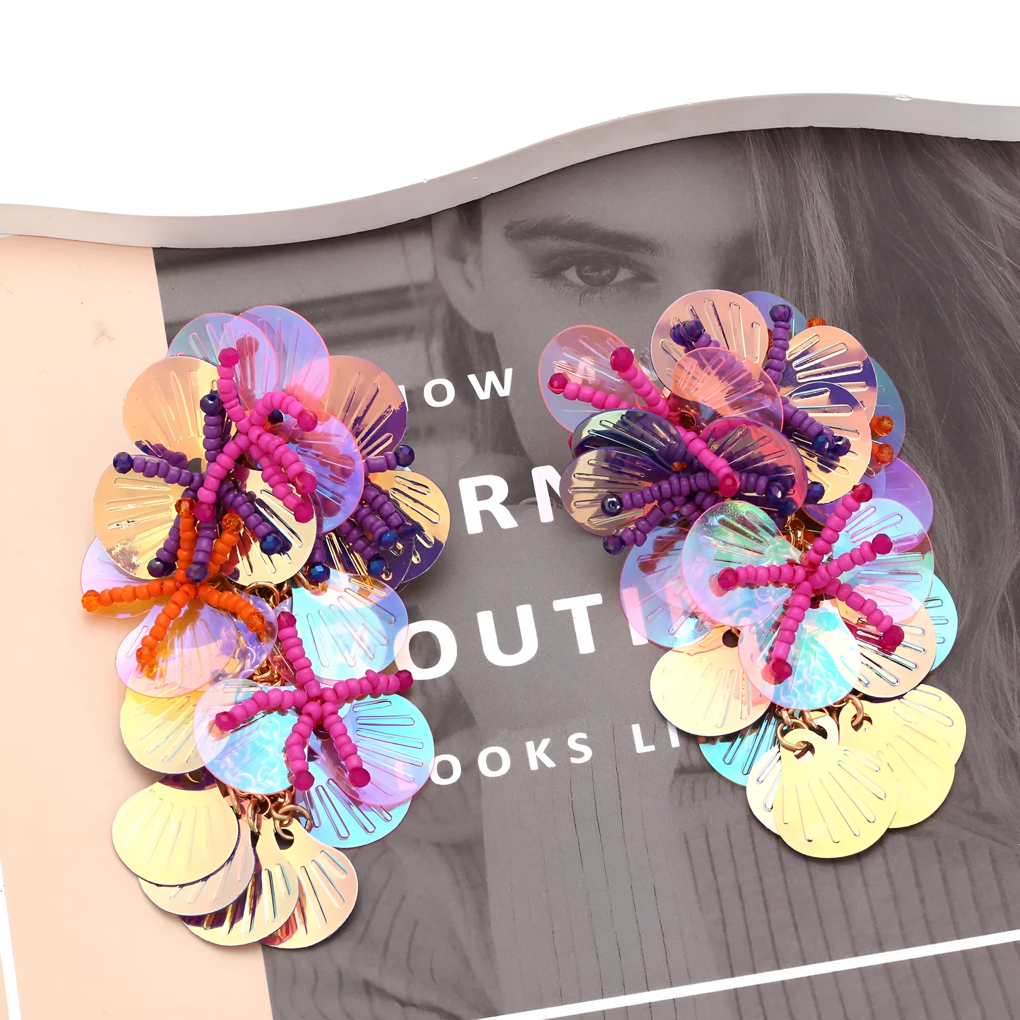 Handmade string bead flower earrings in colourful, rose and purple options with exaggerated dopamine style