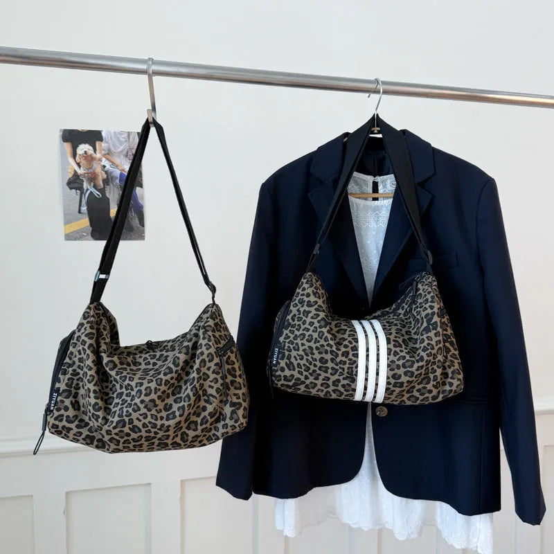 Leopard print sports style shoulder messenger bag with cross-body strap and large capacity design