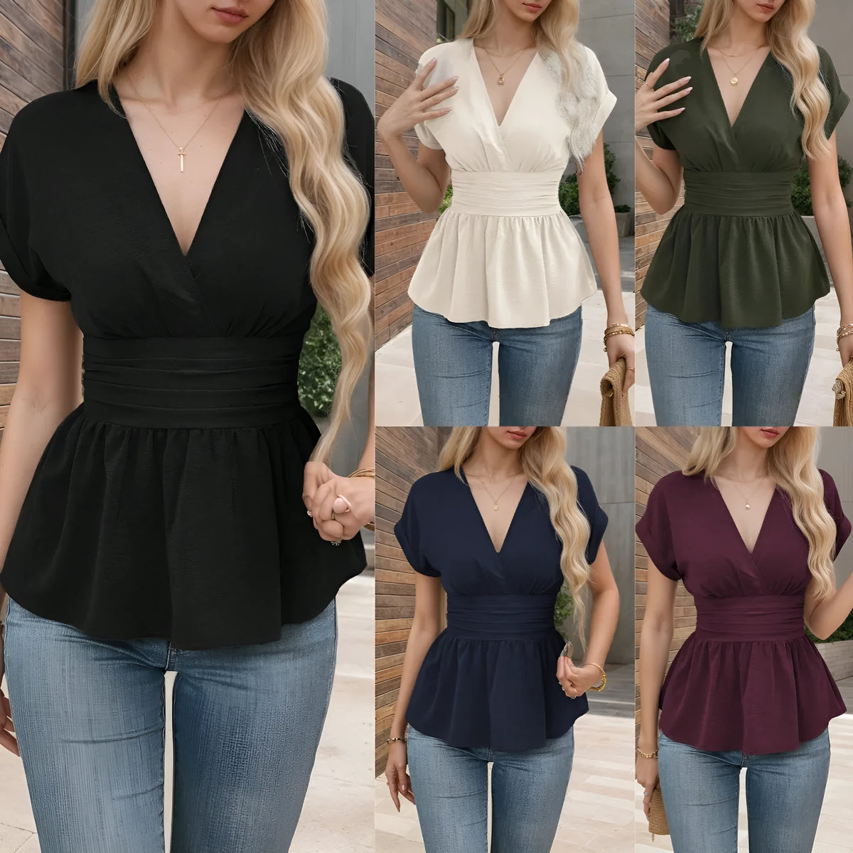 Women's slim fit black V-neck top with pleated waist detail and short sleeves.