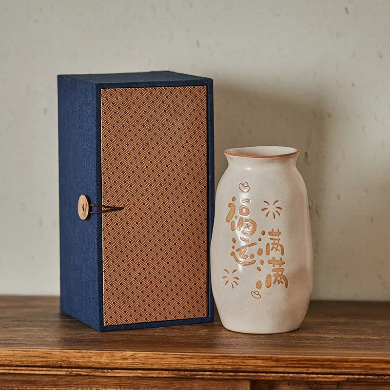 Chinese hand-painted ceramic joy vase with auspicious symbols on 8cm diameter base for desktop display