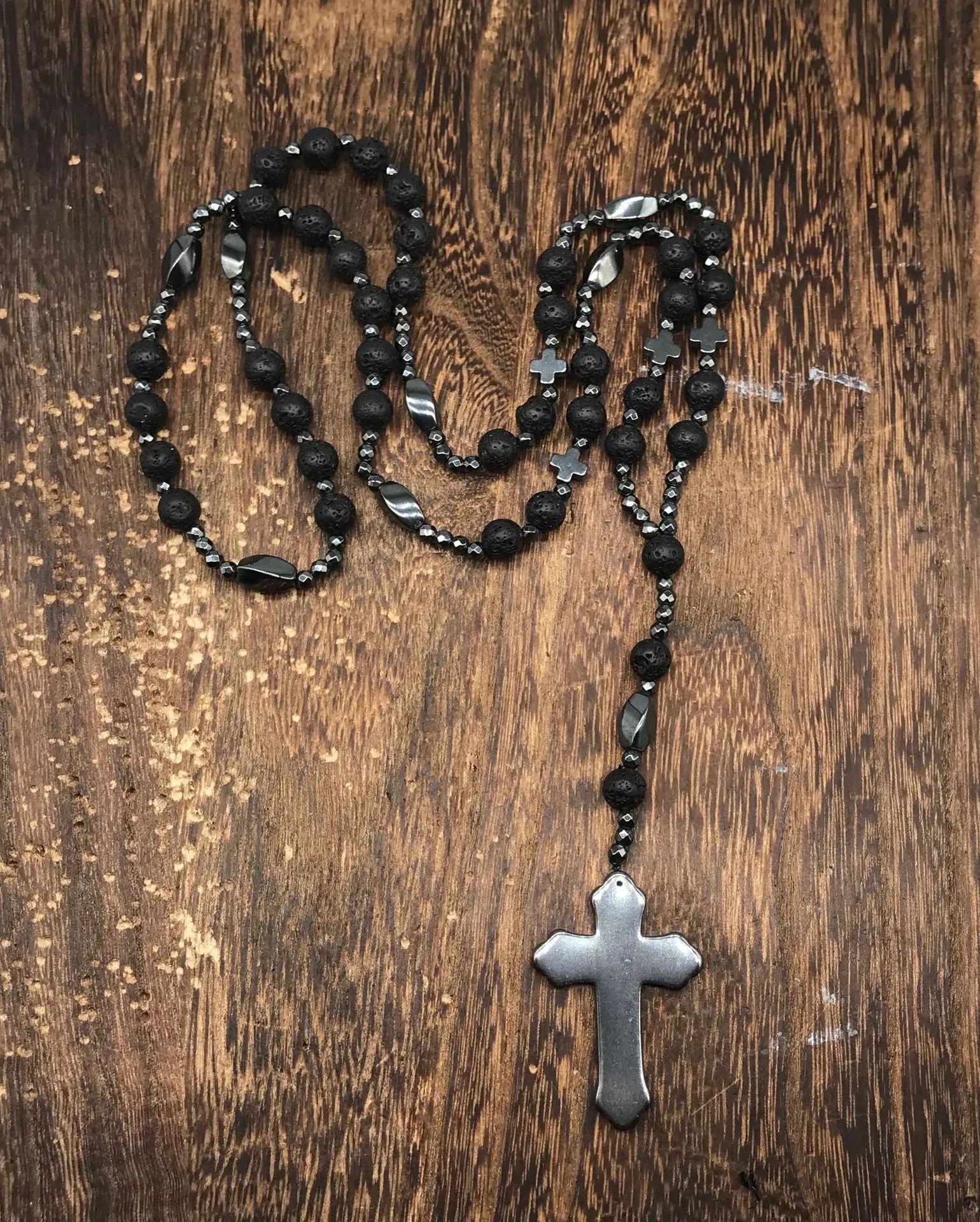Men's stone cross pendant necklace on an 80cm ball bead chain