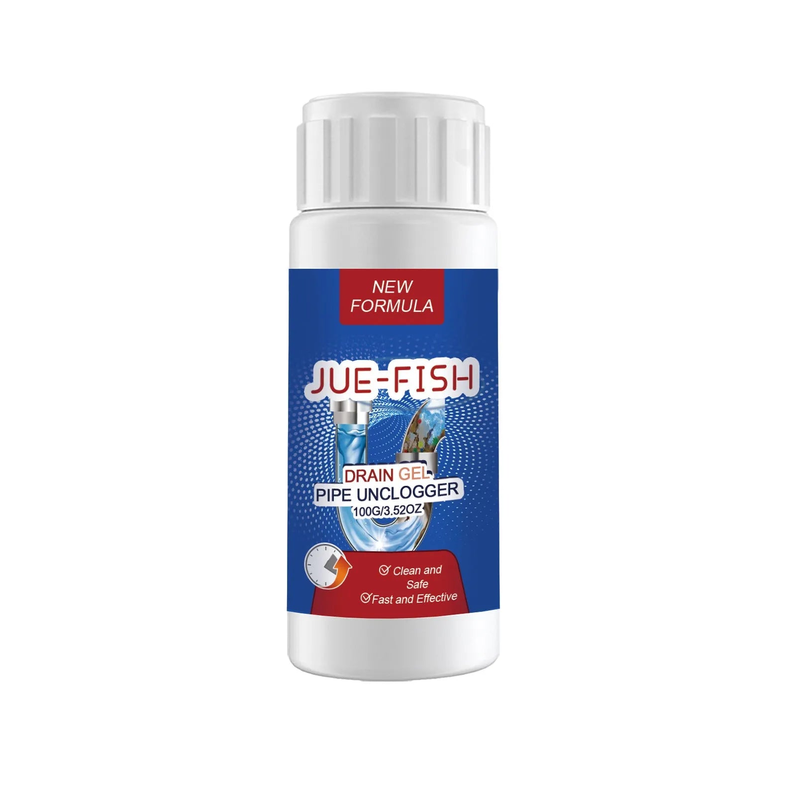 100g bottle of pipe dredge agent for unclogging sinks and toilets.