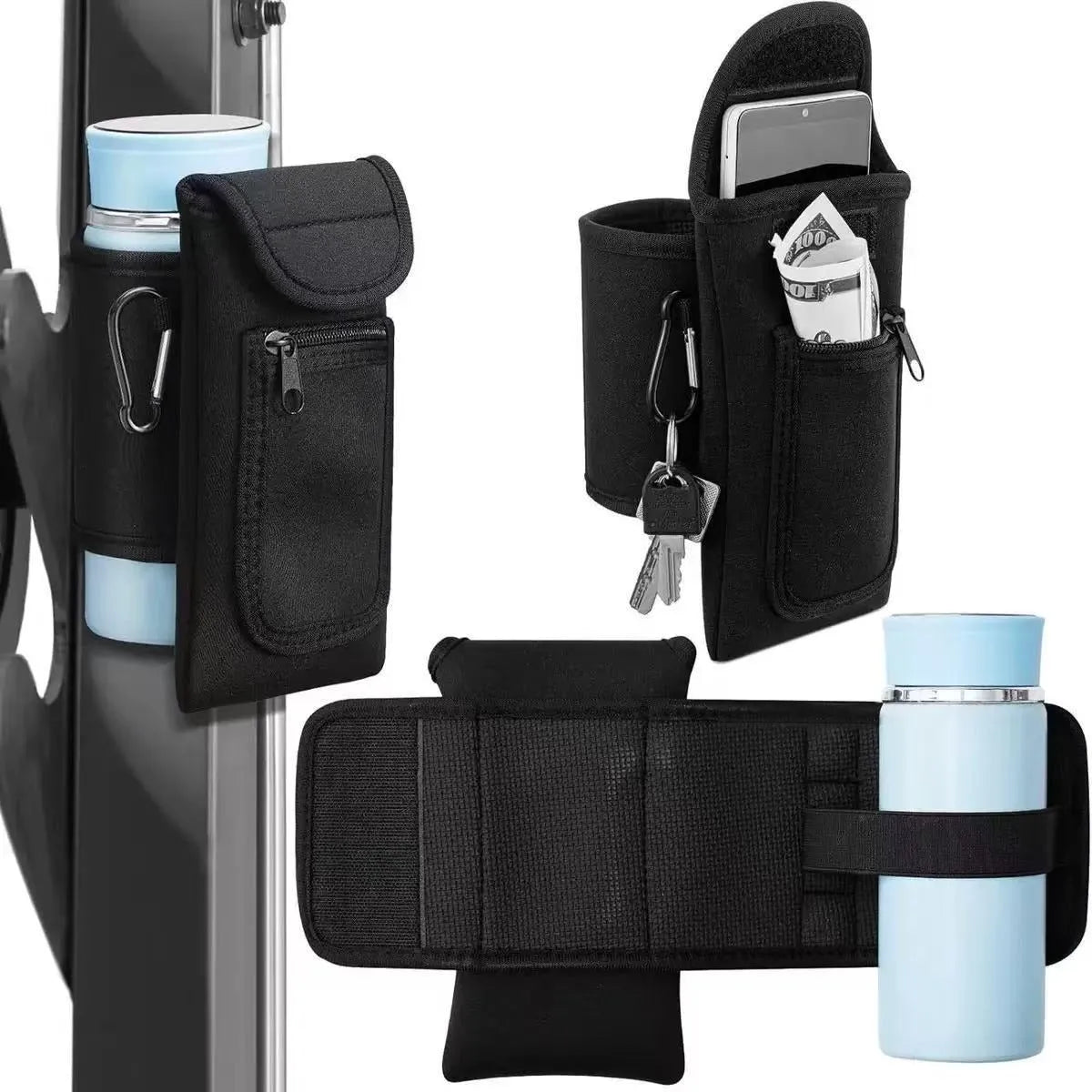 Fitness magnetic cup sleeve for large bottles in beige colour with carabiner clip fastening.