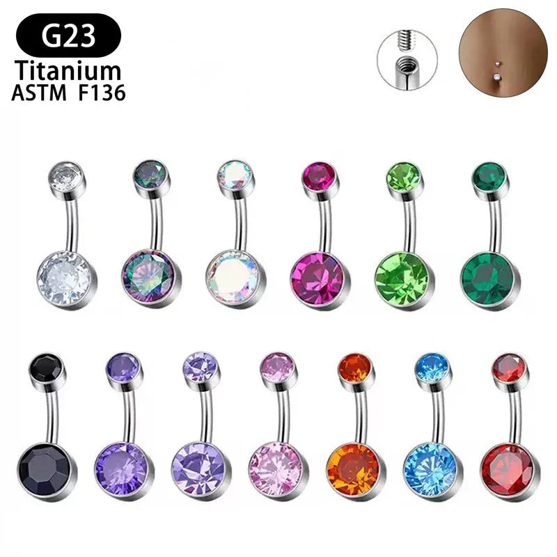 Titanium double-headed zircon navel stud in geometric shape on white background.