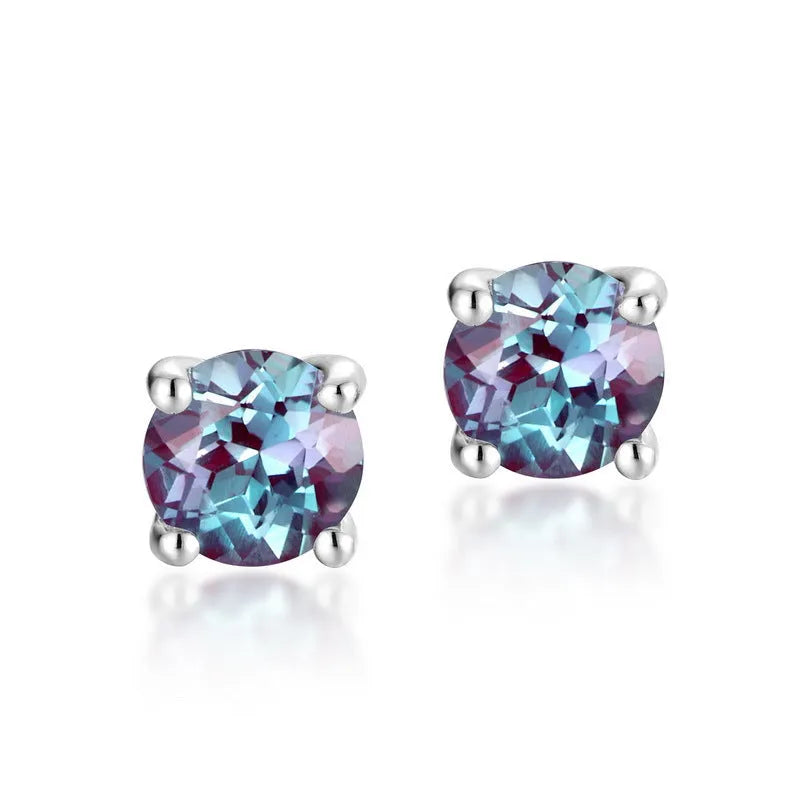 Women's silver ear studs with cultivated Alexandrite stone in geometric round design