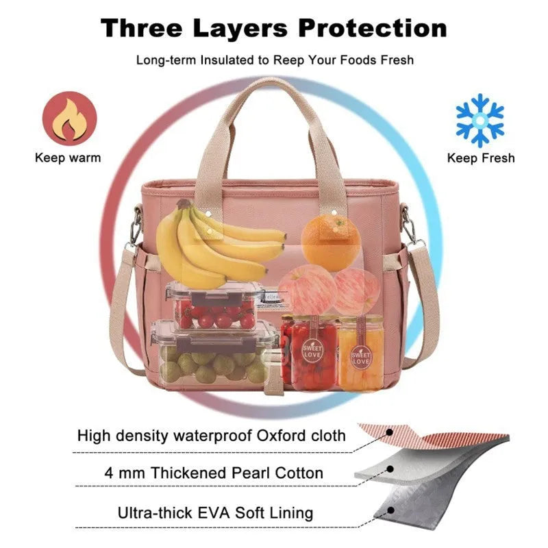 Cube-shaped Oxford cloth picnic bag with a removable shoulder strap and side pocket in pink.