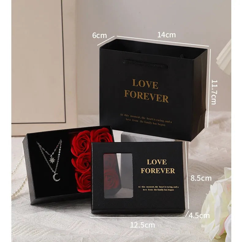Korean style soap flower gift box set with six roses, presentation box, and handbag in red, pink, or black.