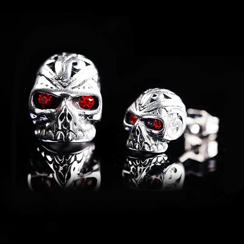 Retro skull stud earrings with red eye ghost head design on alloy construction